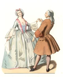 Táncmester és egy fiatal velencei, tánclecon Olaszországban, 18. század, Pietro Longhi (1701-1785) festménye alapján - Litográfia Edmond Lechevallier-Chevignard (1825-1902) illusztrációja alapján, kivonat „” Történelmi jelmezekből a 16