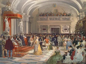 Bourbon Henrik, Navarra királyának esküvője Valois Margittal Medici Katalin és IX. Károly jelenlétében 1572-ben, 1862