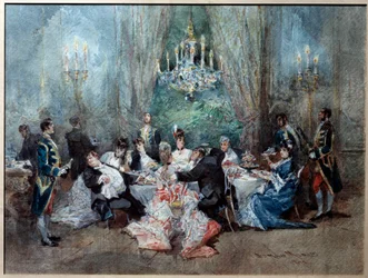 Étkezési jelenet. Illusztráció Henri (Henry) Meilhac (1830-1897) és Ludovic Halevy (1834-1908) „" The Reveillon" II. felvonásának 10. jelenetéhez a Királyi Palotában