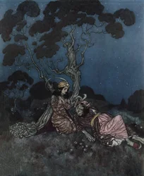 A Szépség és a szörnyeteg: a Szépség megijed a mellette fekvő Szörnyetegtől, 1910 körül (litográfia)