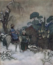A Szépség és a szörnyeteg: a Belle, miután beleegyezett, hogy apja helyére lép a Bete fogságába, hogy kiszabadítsa őt, a kastély felé tart, 1910 körül (litográfia).