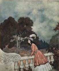 Kék szakáll: 1910 körül (litográfia): Kékszakállú fiatal felesége, Fatima, megkérdezi nővérét, Anne-t, hogy látja-e a toronyból a testvéreit, 1910 körül (litográfia).