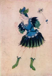 A Phebus és Pán című operában Momus jelmezének terve, Edmund Dulac "Marie-José hercegnő gyermekkönyve" című könyvéből, 1916 (színes litográfia).