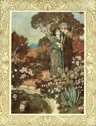 A kegyelem kis órájában, A hullámzó ciprus karjaidba zár, Mielőtt az anya karjaiba visszahajtja, és egy utolsó ölelésben feloldja, illusztráció Omar Khayyam "The Rubaiyat of Omar Khayyam"-ból, 1909-ben megjelent (színes litográfia).
