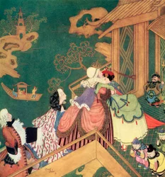 „Laideronnette megcsókolta és átölelte a jó Tündér Oltalmazót”, illusztráció A zöld kígyó című francia meséhez, Edmund Dulac Fairy-Book: A szövetséges nemzetek meséi című könyvéből, megjelent 1916-ban