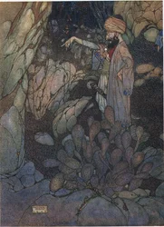 Open Sesame, illusztráció az "Ali Baba és a negyven tolvaj" című könyvből (színes litográfia)