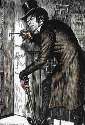 Mr. Hyde egy kalandos éjszaka után hazatér, hogy bevegye az ellenszert és visszanyerje Dr. Jekyll külsejét, Edmund Joseph Sullivan (1869-1933) illusztrációja Robert Louis Stevenson (1850-1894) „Dr. Jekyll és Mr. Hyde különös esete” című regényéhez
