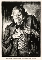 Úgy tűnt, hogy a vonások elolvadtak és megváltoztak" Robert Louis Stevenson (1850-1894) "Dr. Jekyll és Mr. Hyde furcsa esetéből", amelyet E. J. Sullivan (1869-1933) illusztrált.