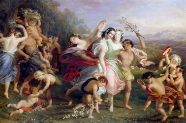 "Matinee de mai" Tánc és körjáték erdei figurák, virágkoszorúba öltözött gyerekek. Edmund Thomas Parris (1793-1873) 1859-es festménye.