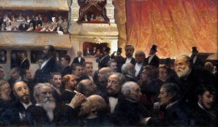 Szünet, premier a francia vígjátékban A nézők között: a fürdőkádban Henri Rochefort és Leon Gambetta, az avant-scene öltözőben a tetején Jules Ferry, d