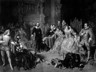 William Shakespeare (1564-1616) I. Erzsébet királynő udvarában, Pierre Cottin metszete, 1864 körül (mezzotint)