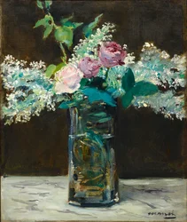 Francia: Vase avec lilas blancs et rosés Váza fehér lilákkal és rózsákkal