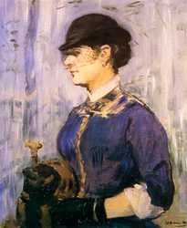 Fiatal nő kék felsőben és kis fekete kalapban, 1877