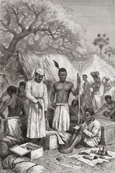 Abdullah Souzi, Jacob Wainright és James Chouma, Dr. David Livingstone három szolgája, holmijait mérlegelve 1873-ban bekövetkezett halála után, illusztráció a "The World in the Hands"-ből, Charles Barbant metszete