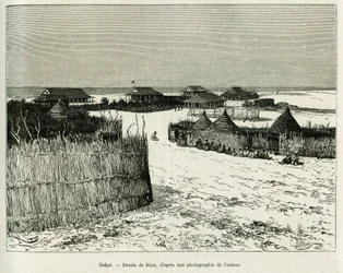 Dakar. Riou metszete a Voyage a la Plata című történet illusztrálására, Emile Blaireaux három hónapos vakációja 1886-ban, a tour du monde 1887-ben, Edouard Charton (1807-1890) irányítása alatt, Hachette, Párizs.