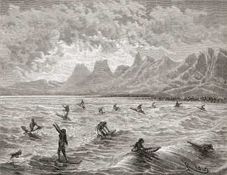 Hawaii szörfözés, illusztráció a „The World in the Hands”-ből, Charles Barbant (megh. 1922) metszete, 1878-ban megjelent (metszet)