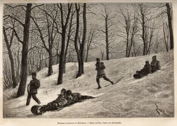Luges et skaters au platau du Mont-Royal, Montreal közelében, metszet Riou rajza után, amely a kanadai és a Riviere Rouge du nord kirándulást illusztrálja, H. De Lamotte 1873-ban, megjelent a „Le tour du monde”-ban. ”” 1875, szerkesztette Edouard Charton,