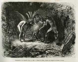 Orvosi füstölés cigarettával a Roucouyan indiánoknál. Riou metszete Cayenne aux Andes történetének illusztrálására Jules Crevaux, a francia haditengerészet doktora 1878-1879-ben, a Tour du monde-ban jelent meg Edouard Charton irányítása alatt