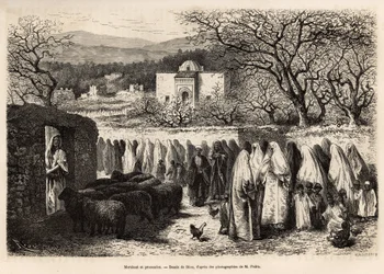 Felvonulás a Marabout de Tlemcenhez (sír egy iszlám emberének kupolájával), E. Riou rajza nyomán metszett, E. de Lorral 1875-ben, E. de Lorral tlemceni (algériai) utazását illusztrálja, megjelent a „” Le tour du monde””” 1875, szerkesztette Edouard Char
