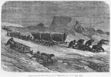 A szánkók áthúzása a jégen, Julius Prayer (1841-1915) "Expedition du Tegetthoff" című illusztrációja, Henri Theophile Hildibrand (1824-97) metszetével