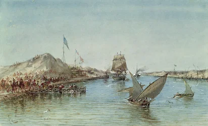 Szállítás a Szuezi-csatornán, egy szuveníralbumból, amely Eugenie császárné (1826-1920) útjára emlékezik az 1869-es beiktatáskor (wc papíron)