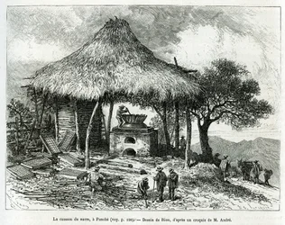 A cukorsütő sütő Panche-ban (Kolumbia), Riou rajza az Equinoxiale America (Kolumbia, Ecuador, Peru) 1875-1876-os történetének illusztrálására, Ed. andre, a francia kormány utazói missziós megbízatása. Gravírozás a Le tour du monde-ban