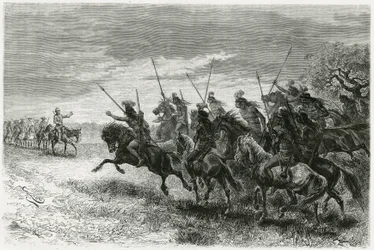 Tobas indiánok (a Chaco régióból, Paraguay és Bolívia között) nem hajlandók átjutni a Thouar expedíció oszlopához. Riou metszete a „" A Crevaux-i küldetés maradványai után kutatva" című történet illusztrálására, 1884-ben, A. Thouar (1853-disapp)