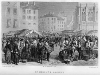 Marche Bayonne-ban, Pyrenees-Atlantiques (Pyrenees Atlantiques), Aquitaine, Franciaország. Willmann metszet az „Ókori és modern Franciaországban” – Jean-Bernard Mary-Lafon (Jean Bernard Mary Lafon)