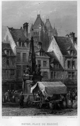 Place du Marche Noyon városában, Oise államban, Picardiában, Franciaországban. Willmann metszet az „Ókori és modern Franciaországban” – Jean-Bernard Mary-Lafon (Jean Bernard Mary Lafon)