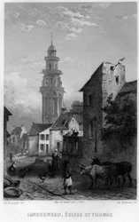 Kilátás a Landerneau-ra és a Szent Tamás-templomra, Finistere, Bretagne, Franciaország. Willmann metszet az „Ókori és modern Franciaországban” – Jean-Bernard Mary-Lafon (Jean Bernard Mary Lafon)