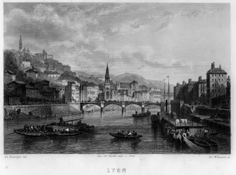 Kilátás Lyon városára, Rhone megyére, Rhone-Alpes régióra, Franciaország. Willmann metszet a „La France ancienne et moderne” című könyvében, Jean-Bernard Mary-Lafon (Jean Bernard Mary Lafon)