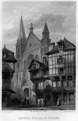 Kilátás Vannes városára és a Saint Pierre-templomra, Morbihan, Bretagne, Franciaország. Willmann metszet a „La France ancienne et moderne” című könyvében, Jean-Bernard Mary-Lafon (Jean Bernard Mary Lafon)