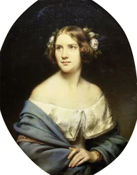 Jenny Lind portréja félhosszában fehér ruhában és világoskék kendőben áll,