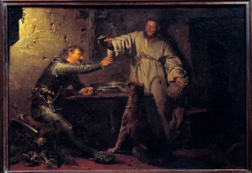 Középkorú harcos koccint egy remetével egy kocsmában. Eduard von Grützner (1846-1925) festménye, 1878. Méret: 0,44 x 0,63 m. Párizs, Musée d