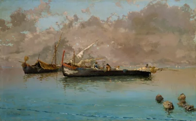 Marina halászhajókkal, Eduardo Dalbono (1841-1915), olaj, vászon, 64,5x104,5 cm