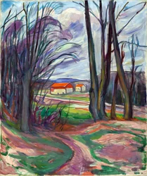 Táj Skoyenben (Oslo, Norvégia). Edvard Munch (1863-1944) festménye, olaj, vászon, 1920 körül. Norvég művészet, XX. század, expresszionizmus. Magángyűjtemény.