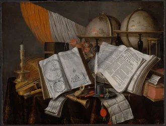 Vanitas csendélet zászlóval, gyertyatartóval, hangszerekkel, könyvekkel, írószerekkel, földgömbbel és homokórával