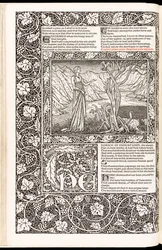 Geoffrey Chaucer „Geoffrey Chaucer munkái most új impresszummal”, a Kelmscott Press kiadó 1896-ban (fametszet)
