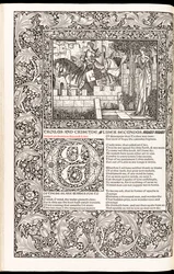 Geoffrey Chaucer „Geoffrey Chaucer munkái most új impresszummal”, a Kelmscott Press kiadó 1896-ban (fametszet)