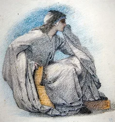 Tanulmány egy taláros, ülő alakról, 1866 körül (ceruza és színes kréták papíron)