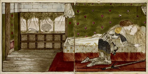 Tizenhat csempéből álló készlet, párokba rendezve nyolc illusztrációt alkotva a „Briar Rose” meséről, 1862-1865 (kerámia)