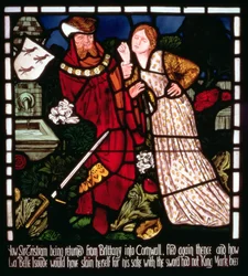 A tisztességes Isolde öngyilkossági kísérletet tesz, a „Tristán és Izolda története”, William Morris és Co. (ólomüveg)