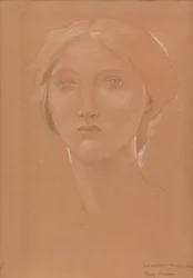Tanulmány Margaret Burne-Jones fejéről a „Cophetua király és a kolduslány” számára (kréta papíron)