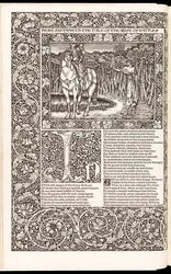 Geoffrey Chaucer „Geoffrey Chaucer munkái most új impresszumokkal”, a Kelmscott Press kiadó 1896-ban (fametszet)