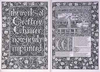 Címlap és nyitóoldal a Kelmscott Press kiadásából, a "The Works of Geoffrey Chaucer", 1896