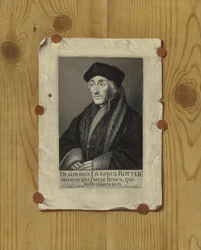 Trompe loeil Csendélet Rotterdami Erasmus metszetével, 1693