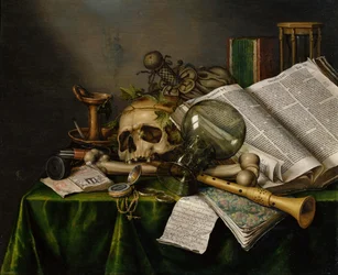 Vanitas. Csendélet könyvekkel, kéziratokkal és koponyával