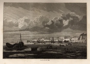 Szuez városának (Egyiptom) képe, Grenet rajza, Paul Merruau 1862-es Szuezi-csatornához tett kirándulásának illusztrálására. Gravírozás a „Le tour du monde”-ban, szerkesztette Edouard Charton