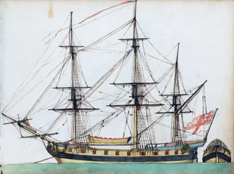 20 ágyús angol hajó, a kötélzet és a hajócsónak, valamint a hajó farának különálló nézete, 1780 körül (akvarell, toll és tus )
