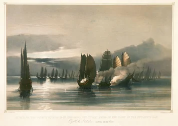 Támadás a Chuiapoo kalózhajó ellen, Tysami előtt, Kína, 1849. szeptember 28., 19. század közepe (litográfia)